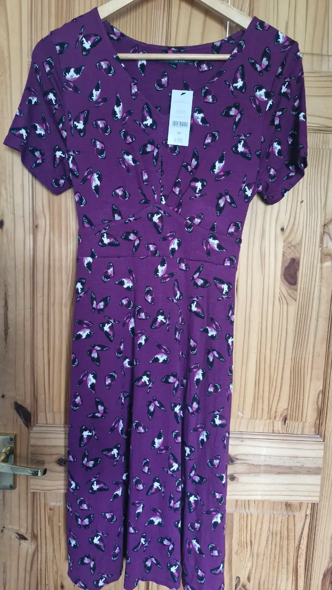 BNWT Bonmarche Purple Butterfly Print Jersey Midi Dress With Waist Tie Size 10