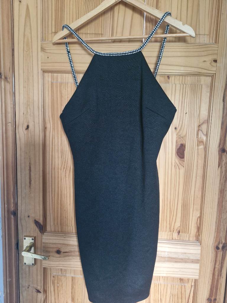 Topshop Black Diamante Strap Halterneck Bodycon Mini Dress Size 12 EUR 40