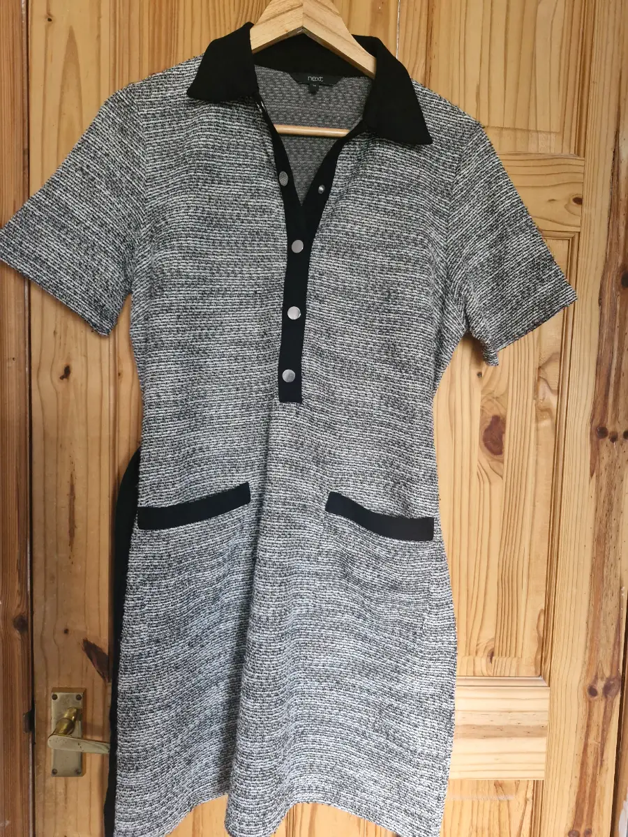 Next Size 14 Boucle Shift Dress Grey Black Metallic Knit Collared Short Sleeve