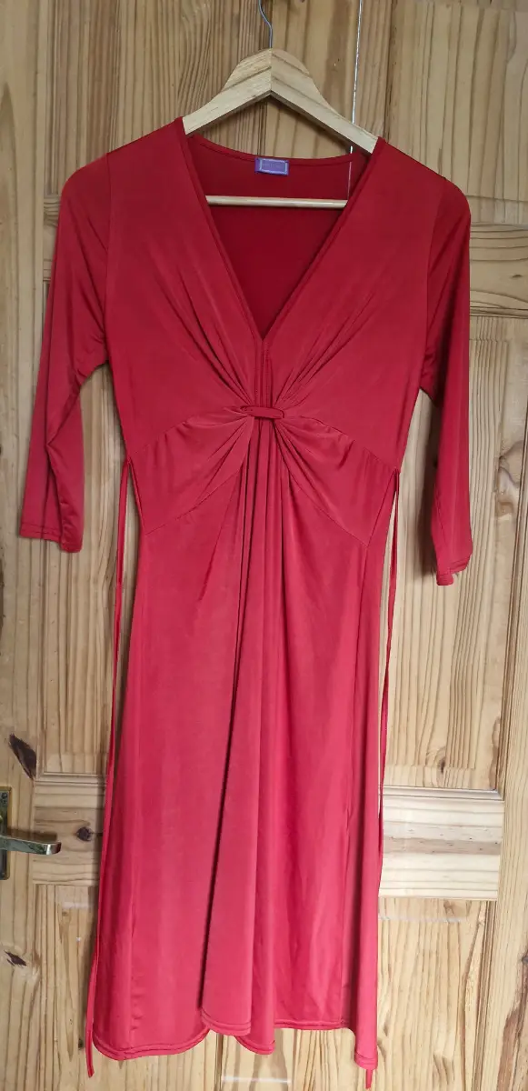 ​Ingenue Red Robe Bagera Dress Size 36 UK 8 V-Neck Knot Front Twist Midi 3/4 Sleeve