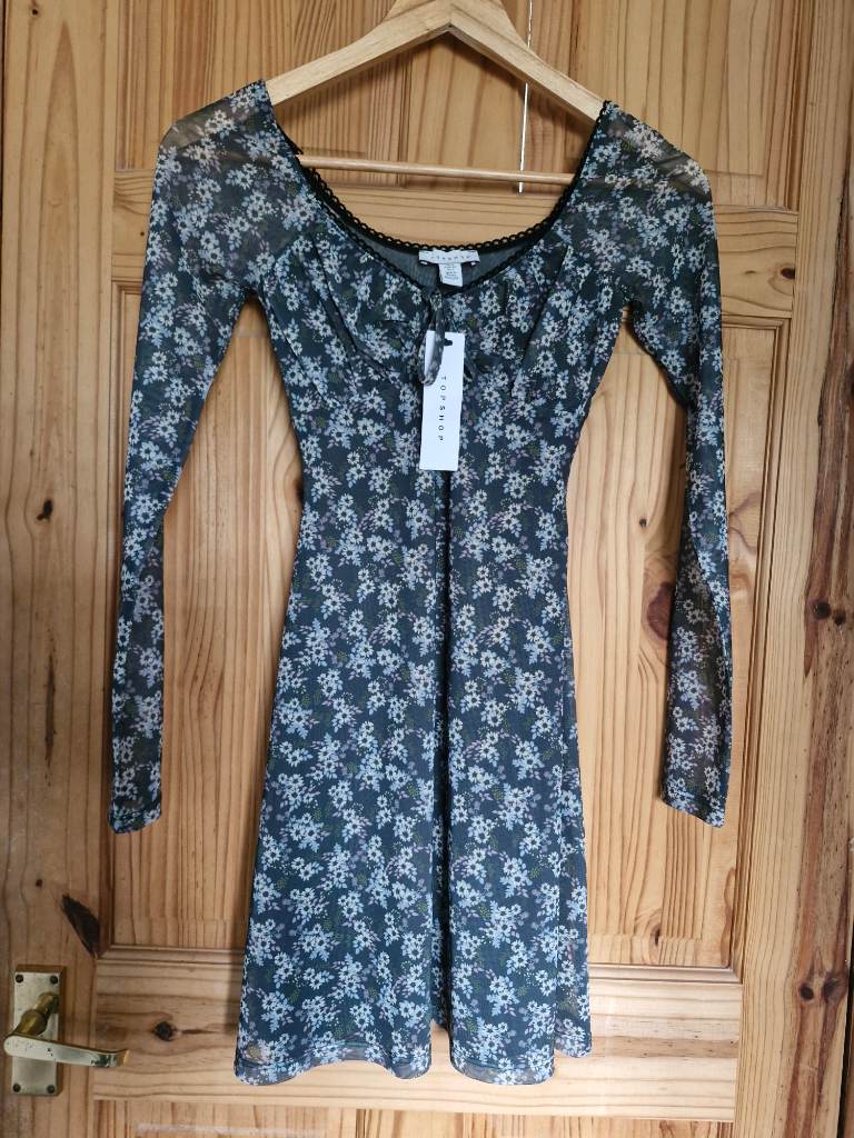 Topshop Brand New Floral Mesh Mini Dress Size 6 Green Long Sleeve Milkmaid Grunge