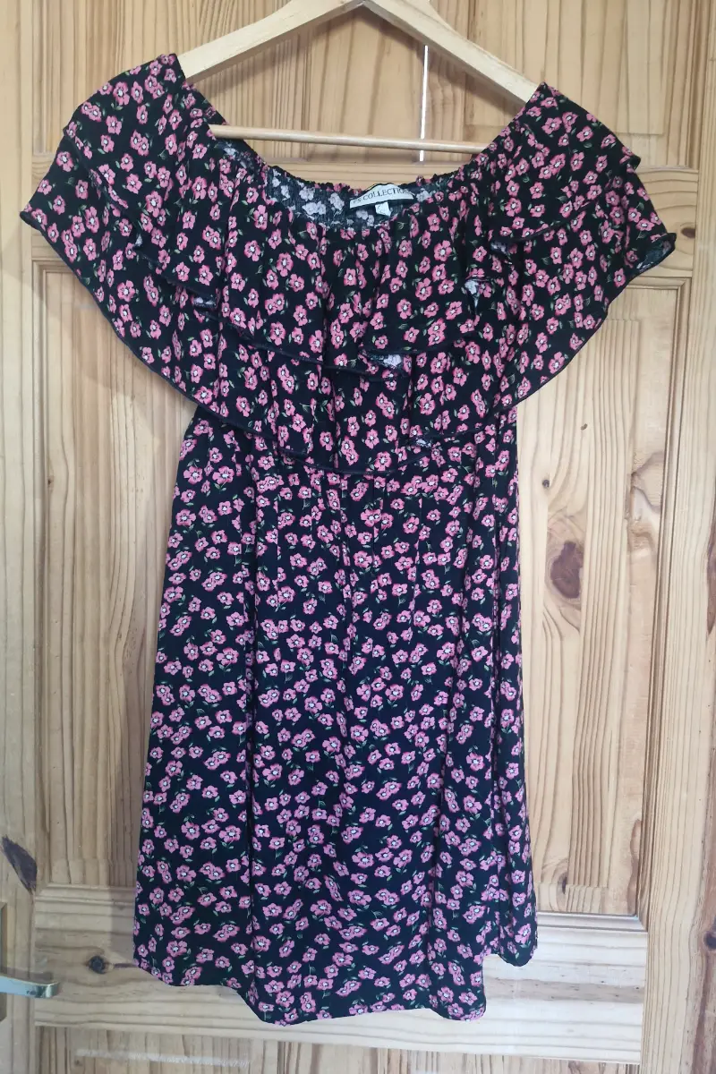 FS Collection Pink Floral Bardot Mini Dress Size S Black Viscose Ruffle Summer