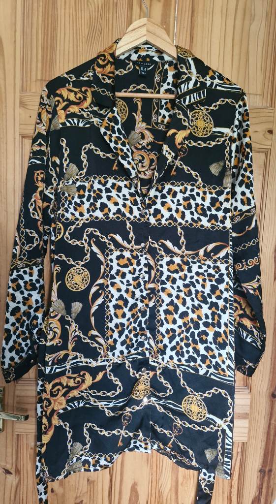 New Look Chain Leopard Print Shirt Dress Size 16 Gold Baroque Mini Long Sleeve