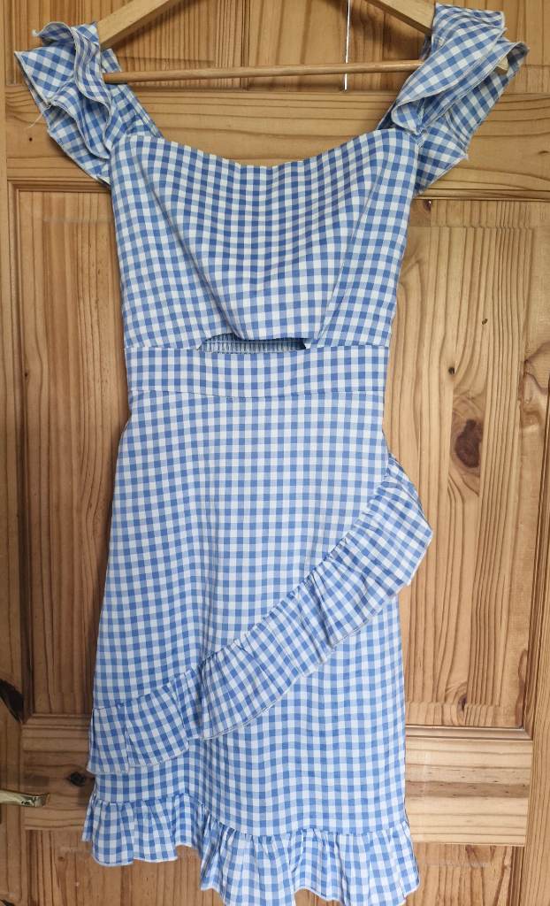 Giorgia Blue White Gingham Dress S/M Frill Ruffle Cut Out Summer Picnic Mini