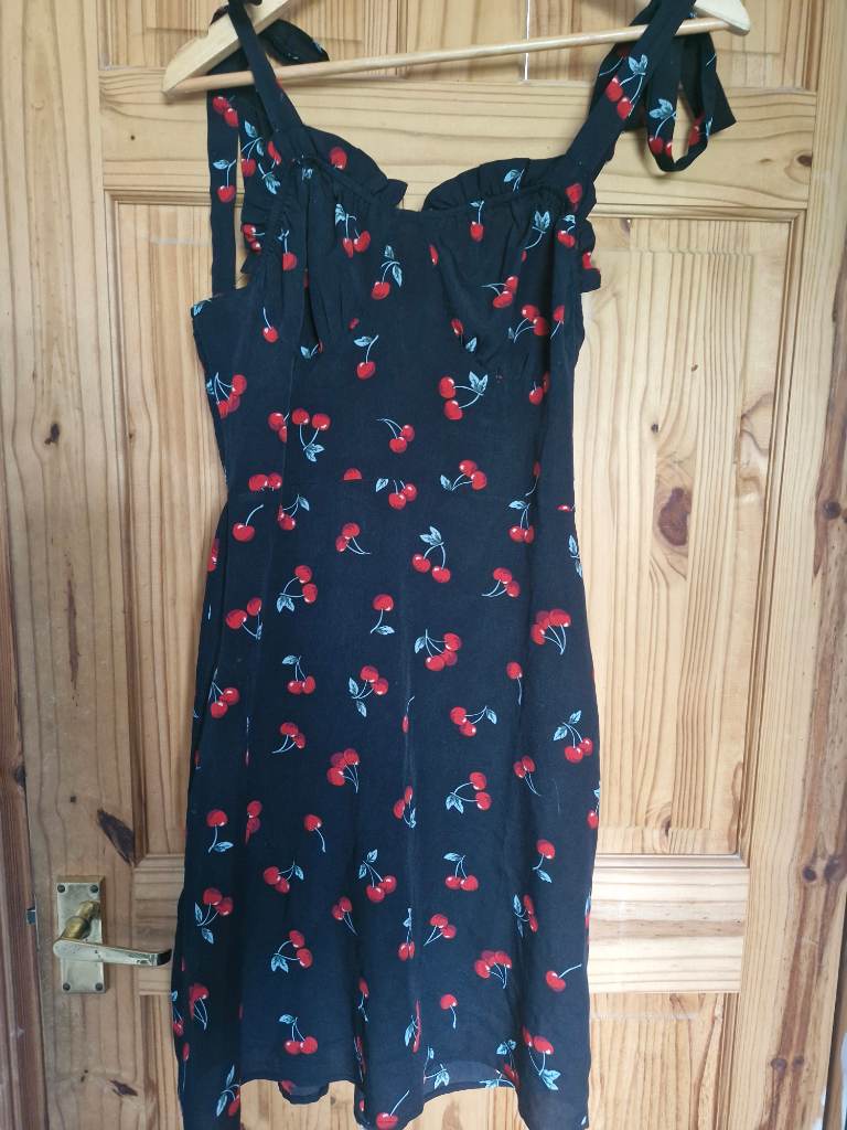 SHEIN Black Cherry Print Dress Medium M 10 38 Tie Strap Smocked Sun Dress