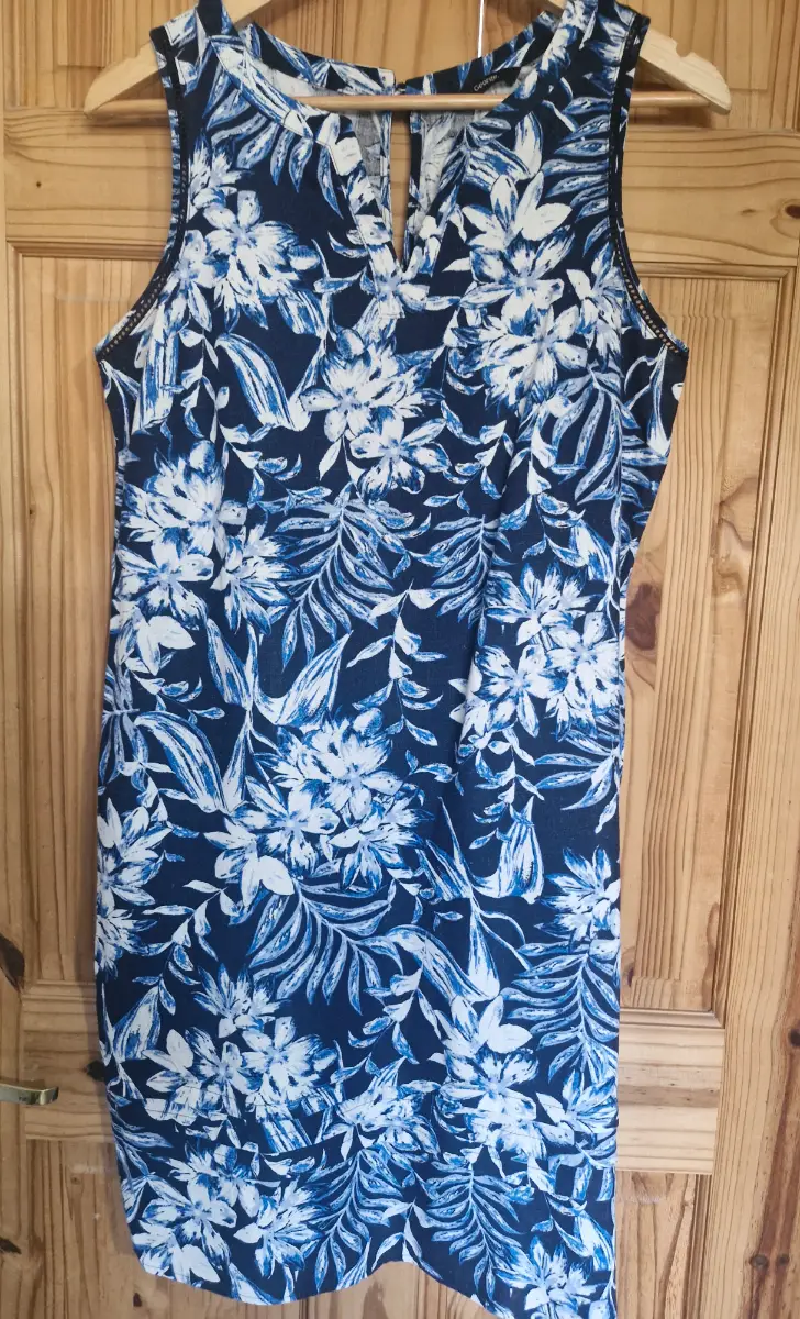 George Blue White Floral Linen Blend Dress Size 12 Summer Shift Sun Dress (74 characters)