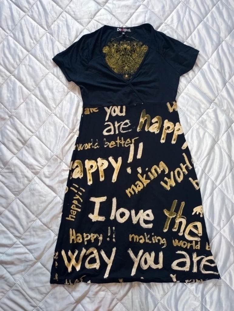 Desigual Black & Gold Graphic Affirmation Midi Dress - Size S (Y2K / Whimsigoth)