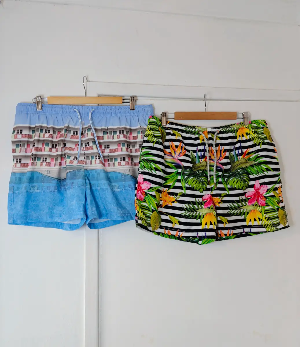 Primark, Multicolour Tropical Floral & Hotel Scene, 2 x Pairs of Swim Shorts Trunks, UK Size L.