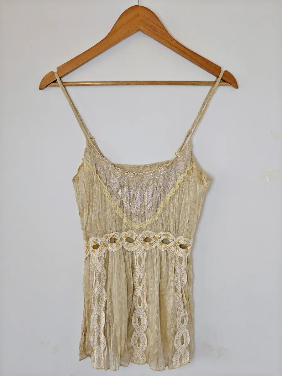 VILA, Beige, Cream & Gold, Boho Fairycore, Crochet Bead Sequin, Crinkle Cami Top, S UK 8-10.