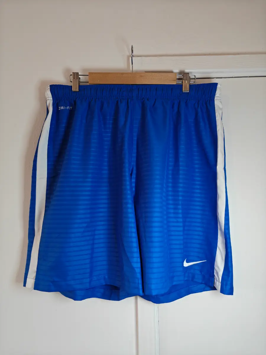 Nike, Blue & White, Horizontal Stripe, Dri-Fit Outdoor Football Sportswear Shorts, UK Size XXL.