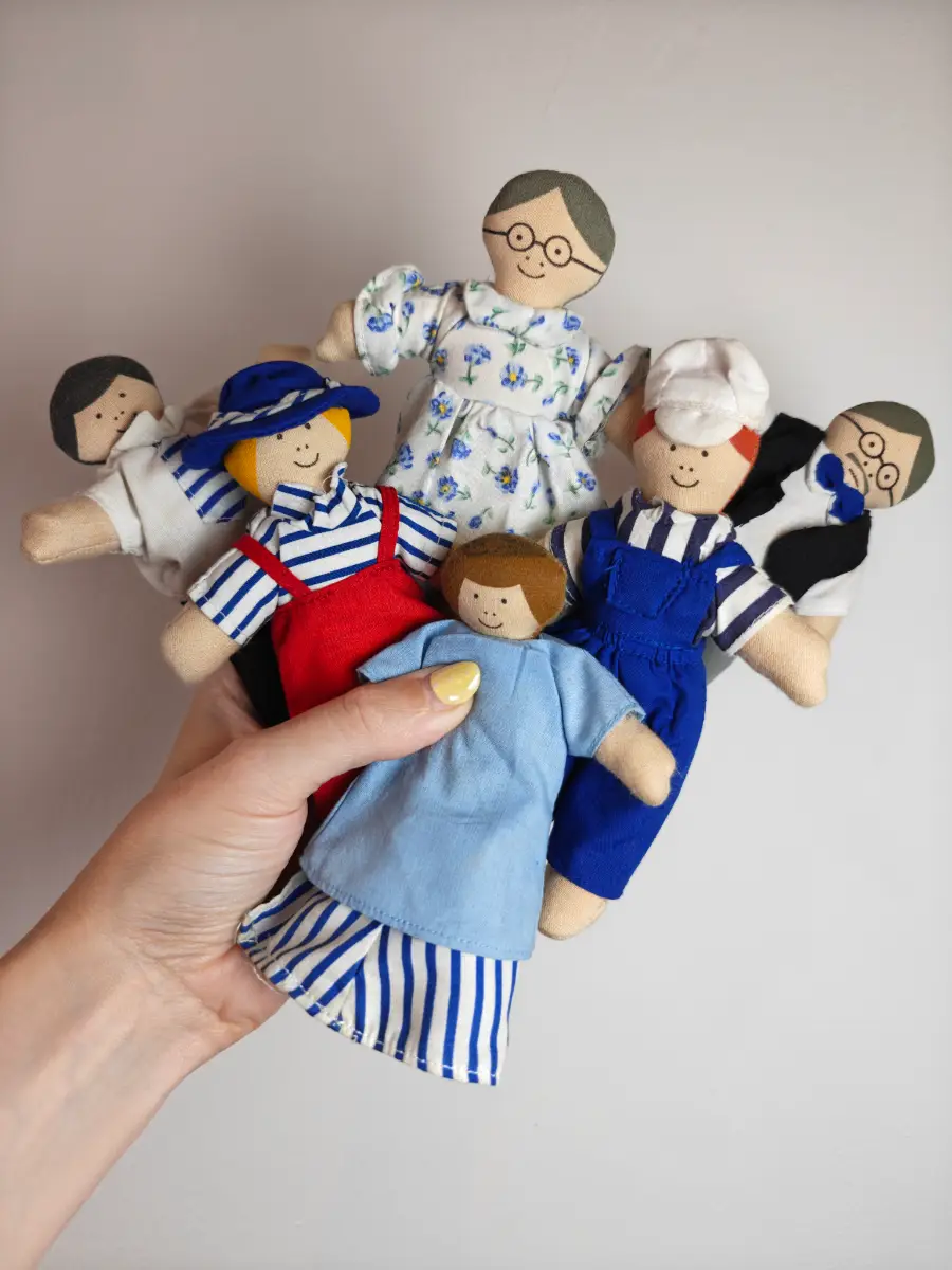 IKEA, Vintage, Group of 6 Lillabo Fabric Rag Dolls, Small World Toys.