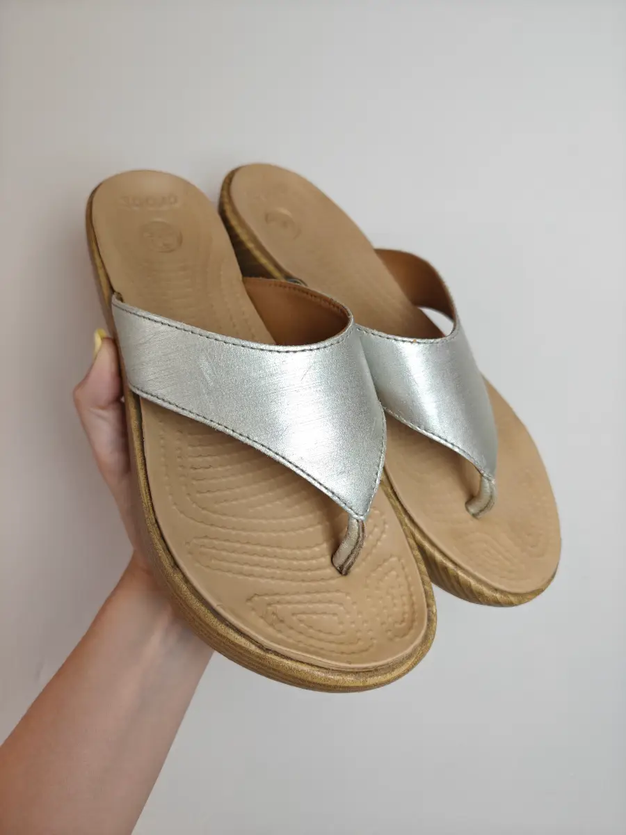 Crocs, Tan & Brushed Silver Metallic, A-Leigh Toe Post Wedge Sandals, UK Size 5.
