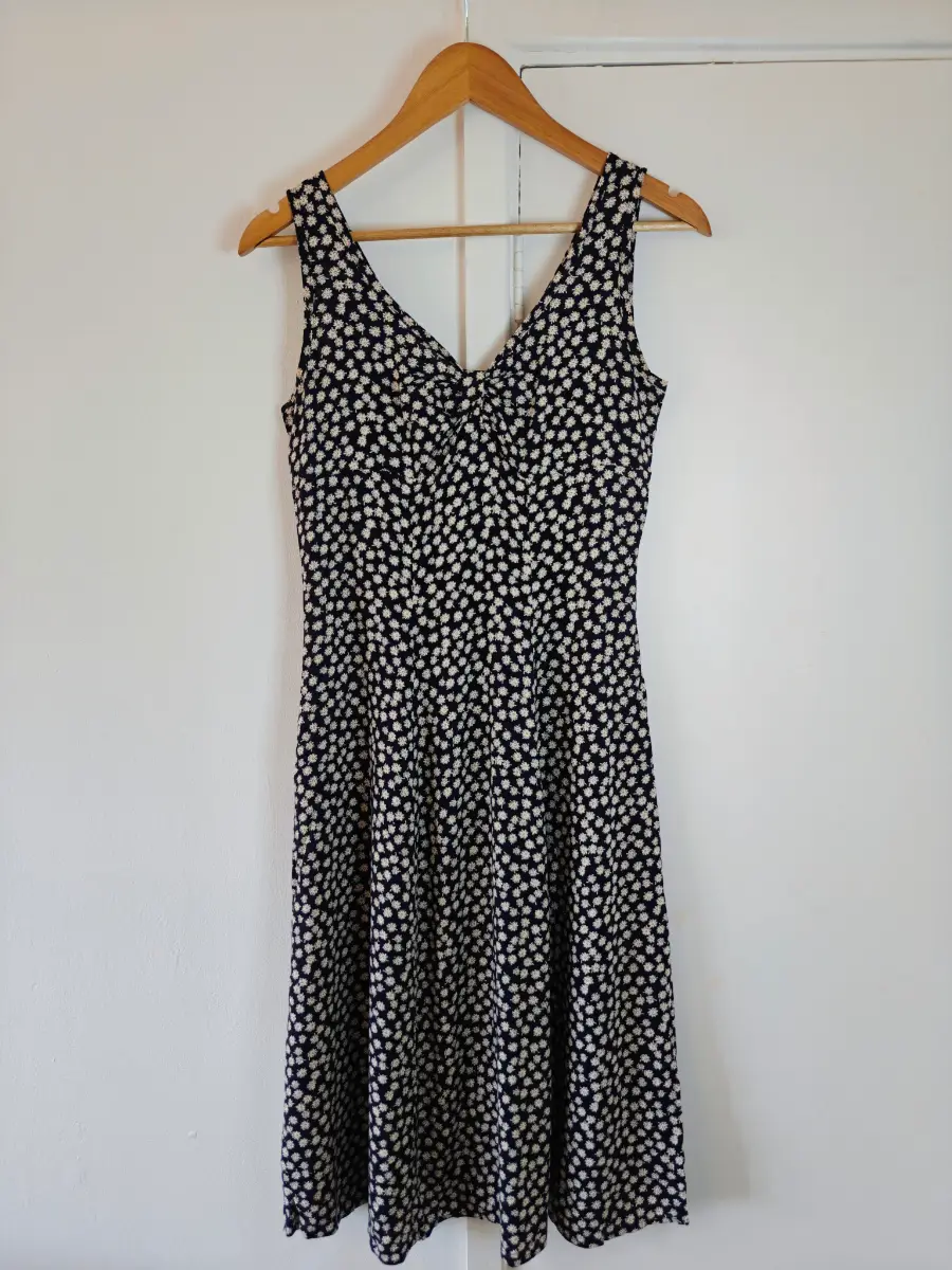 St Michael at M&S, Vintage 90s, Navy & Cream Ditsy Floral Print, V-neck Sun Dress, UK Size 10.