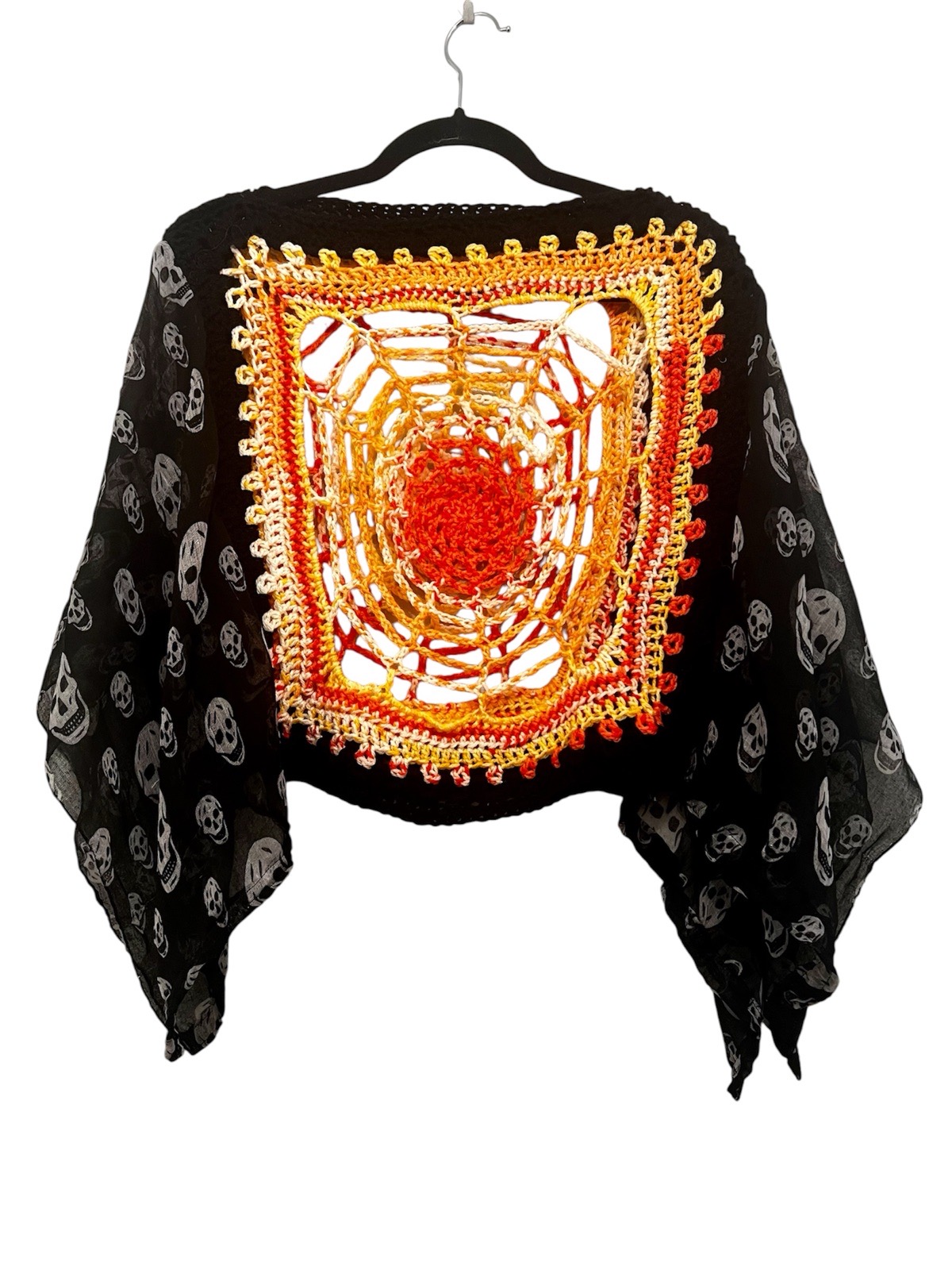 One of a Kind Orange & Black Gothic Spider Web & Skull Poncho