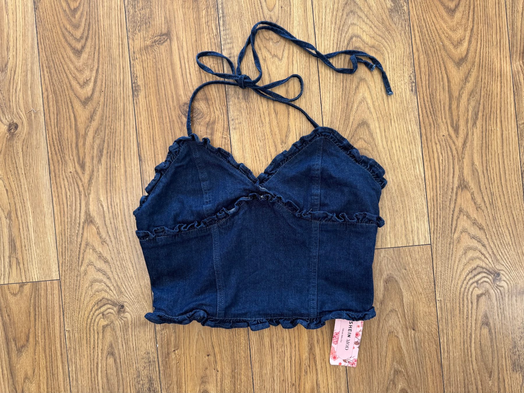 Shein dark blue denim halter neck crop top size L/12 new with tags
