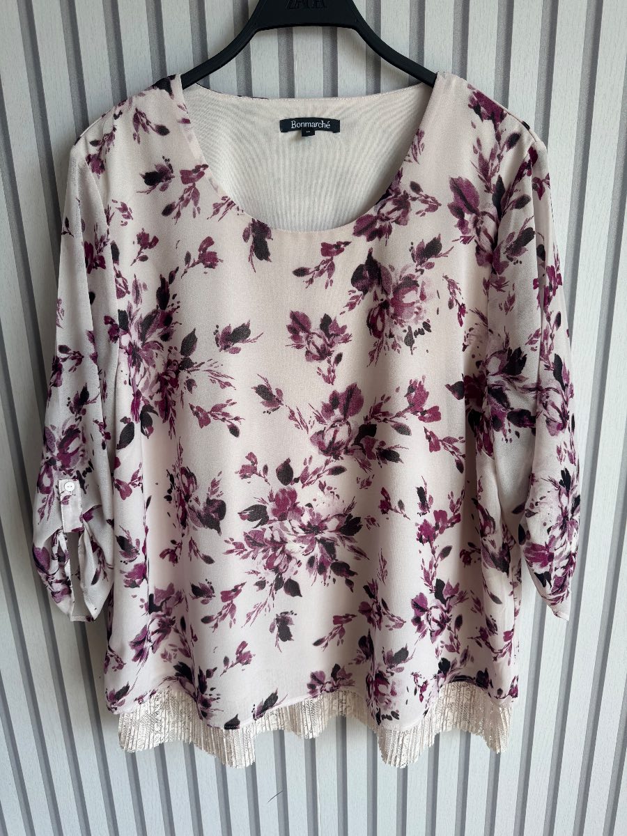 Bonmarche cream & purple floral print lace hem blouse size 20