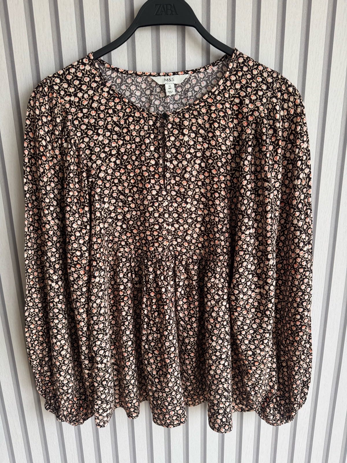 M&S brown floral peplum blouse with long sleeves size 14