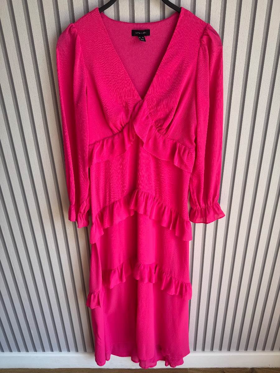 New look hot pink frill detail long sleeve dress size 8