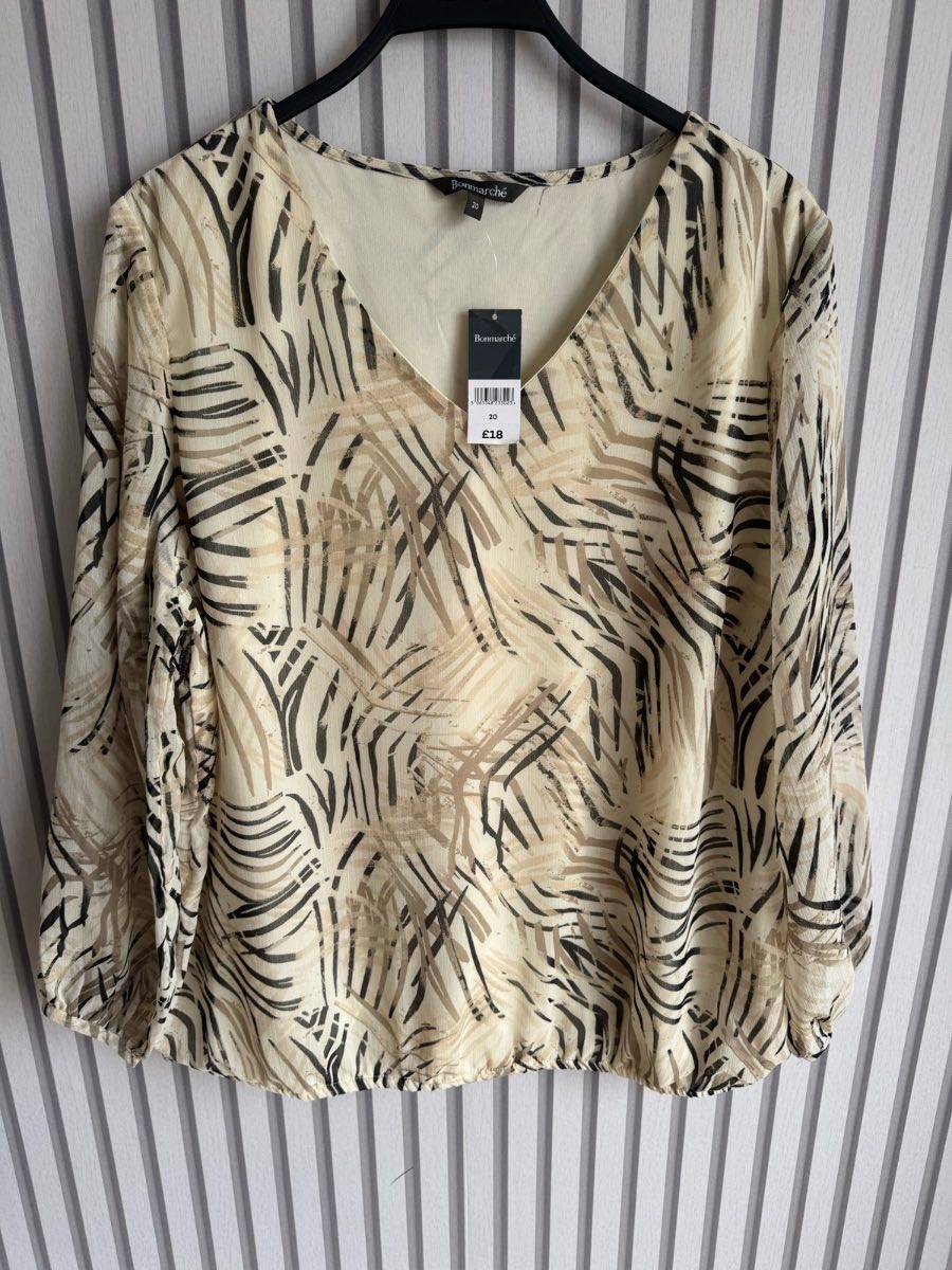 Bonmarche cream abstract print long sleeve blouse size 20 new with tags