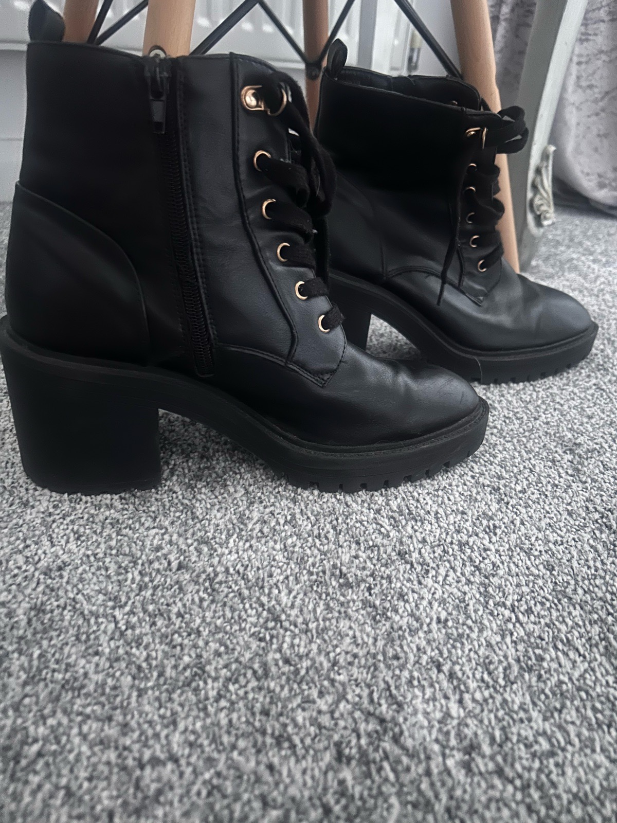 Ladies black chunky heel lace up boots New Look size 6