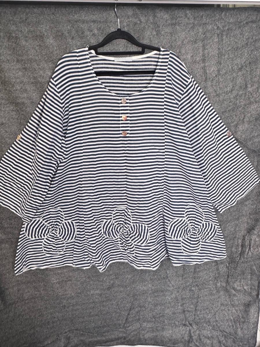 LV CLOTHING Made In Italy Navy Stripe Floral Applique Lagenlook Tunic Top One size