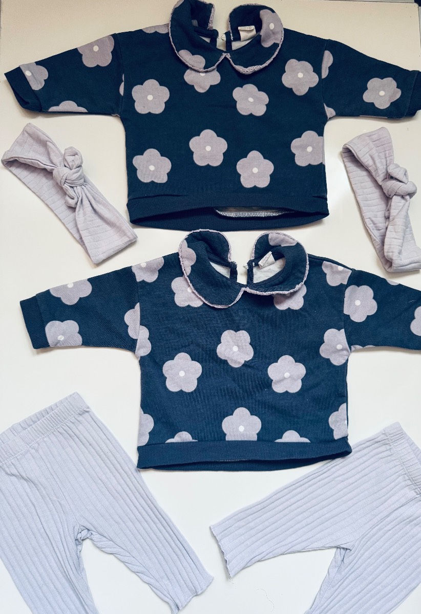 Matching Twins Baby Girl Outfits Set - Floral Sweaters & Ribbed Leggings (6 Items)