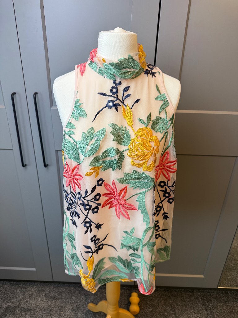 Next Embroidered Floral Mesh Top Sequin Ruffle Neck Blush UK 14