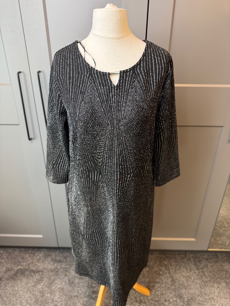 Bonmarché Glitter Shift Dress Keyhole Neck Black Silver UK 12