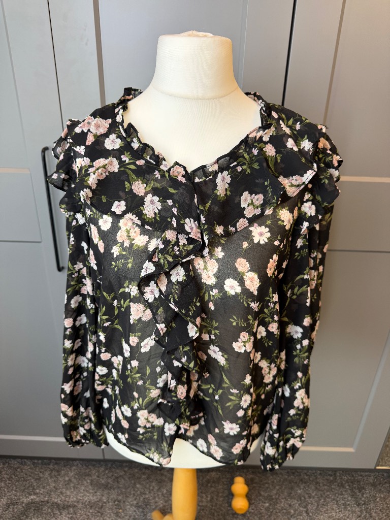 Lipsy London Floral Ruffle Blouse Black Chiffon UK 12