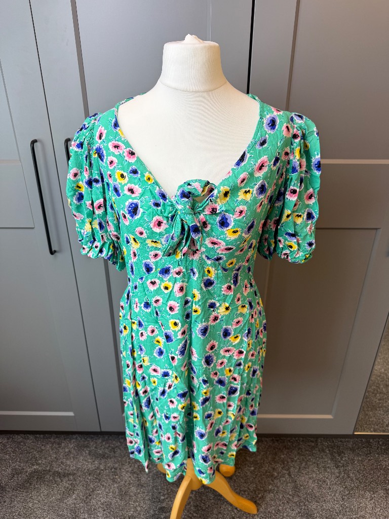 George Floral Puff Sleeve Mini Dress Green UK 14