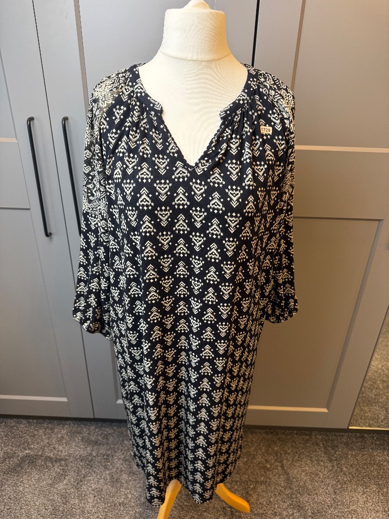 Monsoon Ikat Print Midi Dress V-Neck Ruffle Cuff Navy UK 16