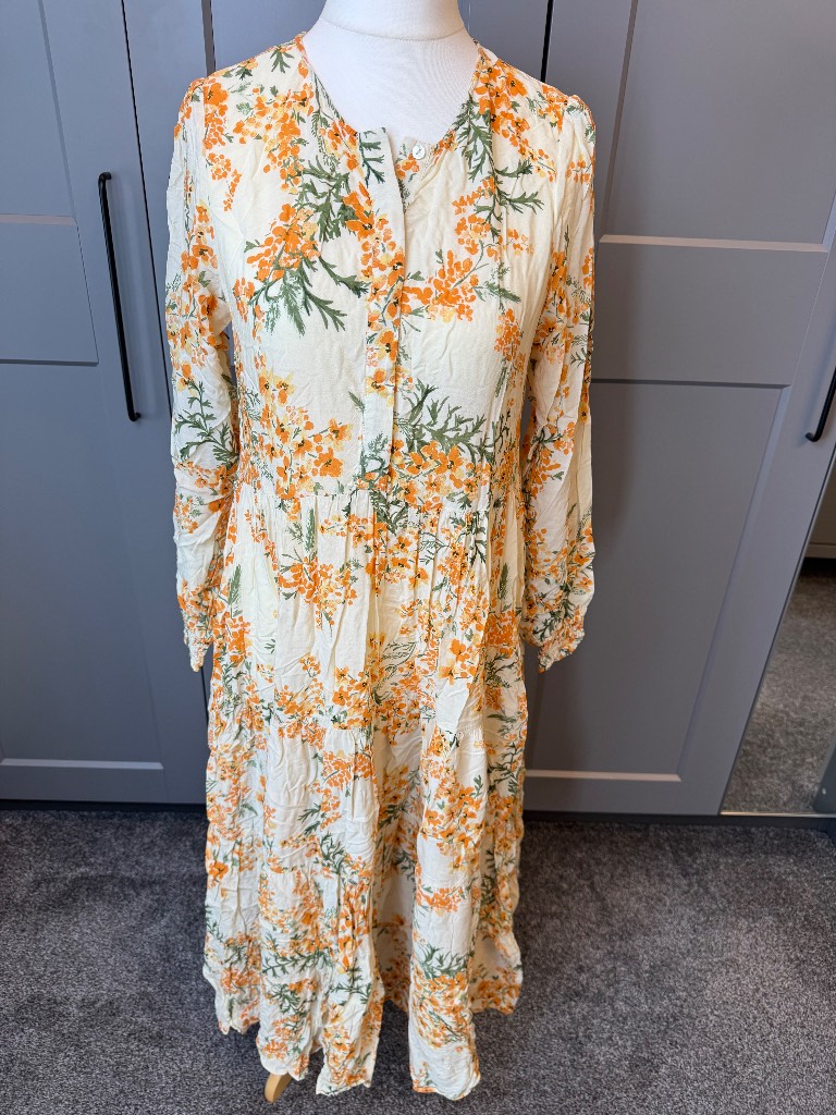 Zara Floral Tiered Maxi Dress Long Sleeve Cream Orange UK 8