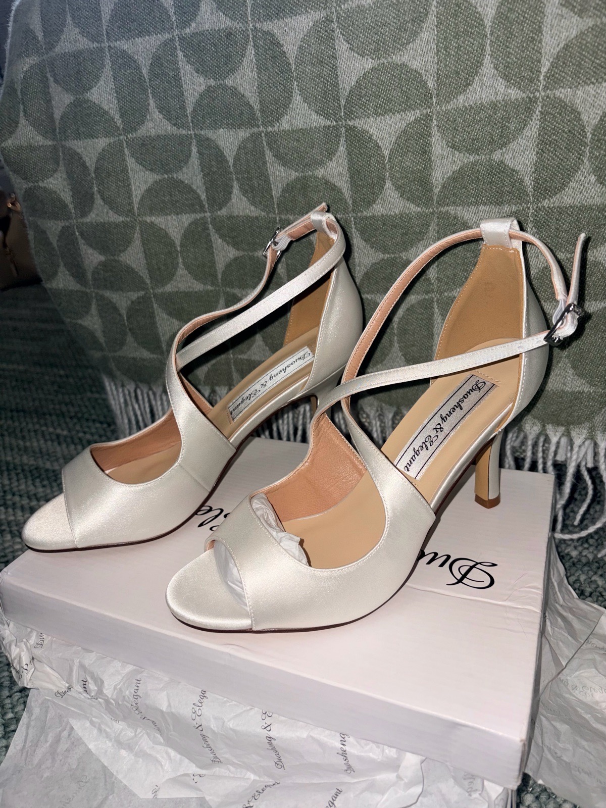 Women’s Occasion Wedding Shoes Ivory Satin Strappy Open Toe Stiletto Heels Ankle Strap Buckle UK 6