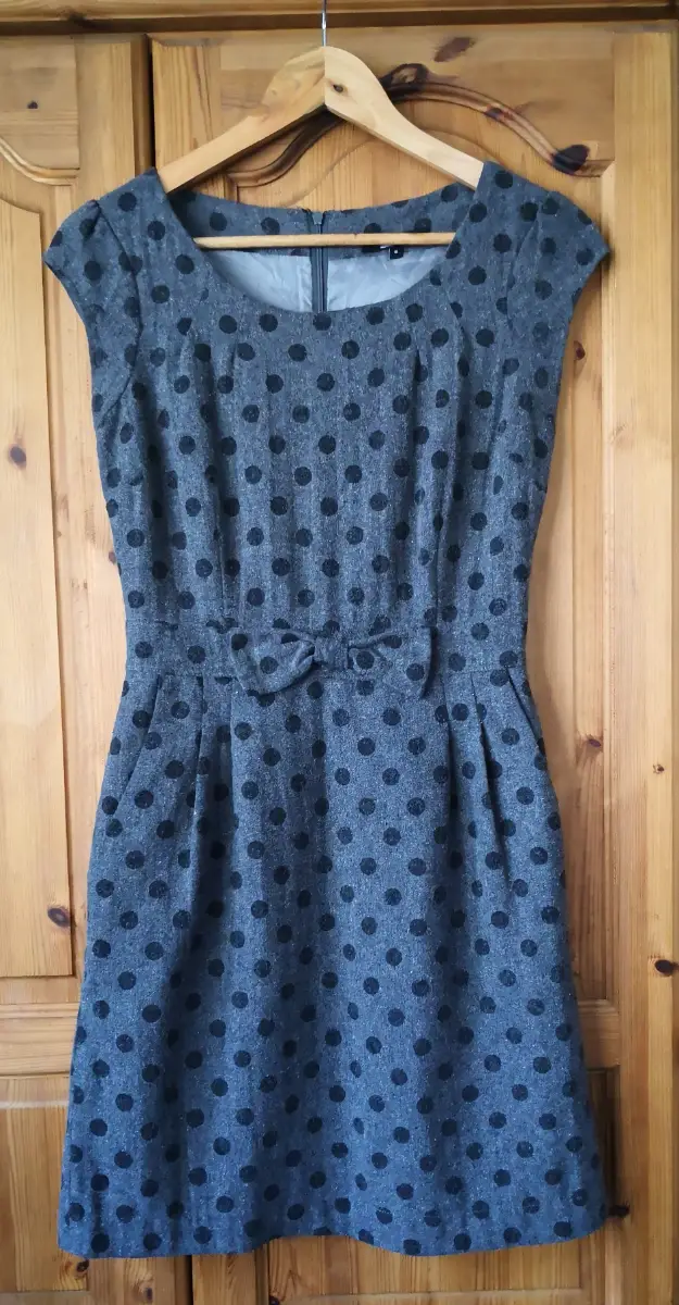 ASOS Grey Polka Dot Wool Blend Bow Waist Mini Dress UK 8