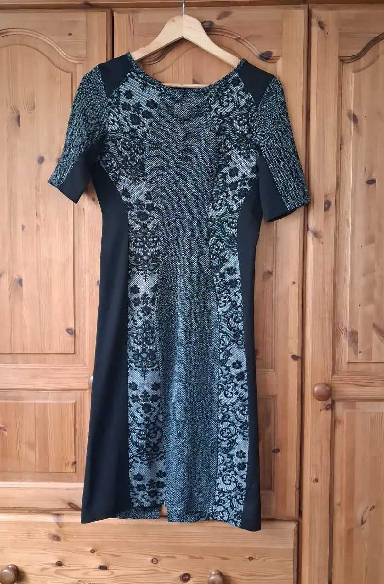 Oasis Black Grey Lace Print Panel Bodycon Shift Dress Size Small