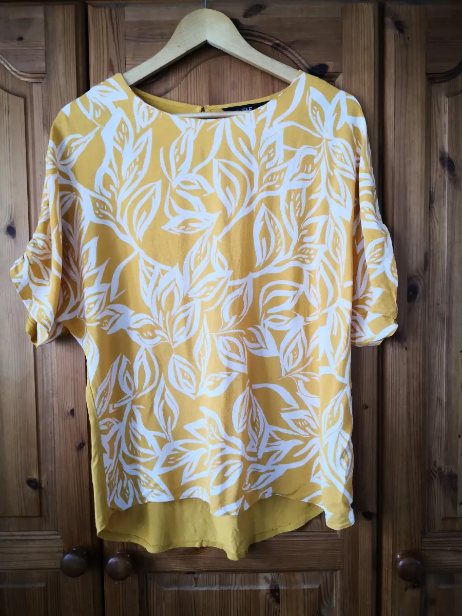 Summer Yellow Floral Leaf Print Ruched Sleeve Top UK 10 F&F