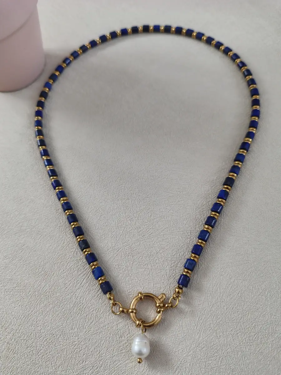 Natural Stone Lapis Lazuli and Freshwater Pearl Necklace.