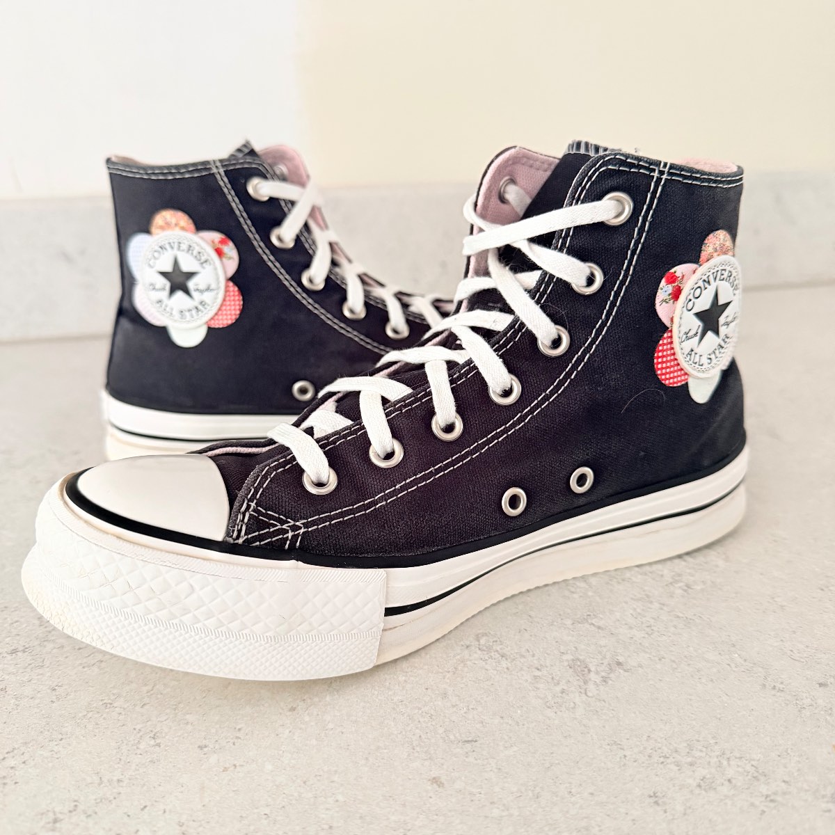 Navy converse hi tops with patchwork flower- UK4 - great condition