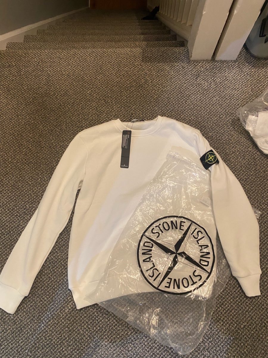 cream stone island hoodie, size M fits a S