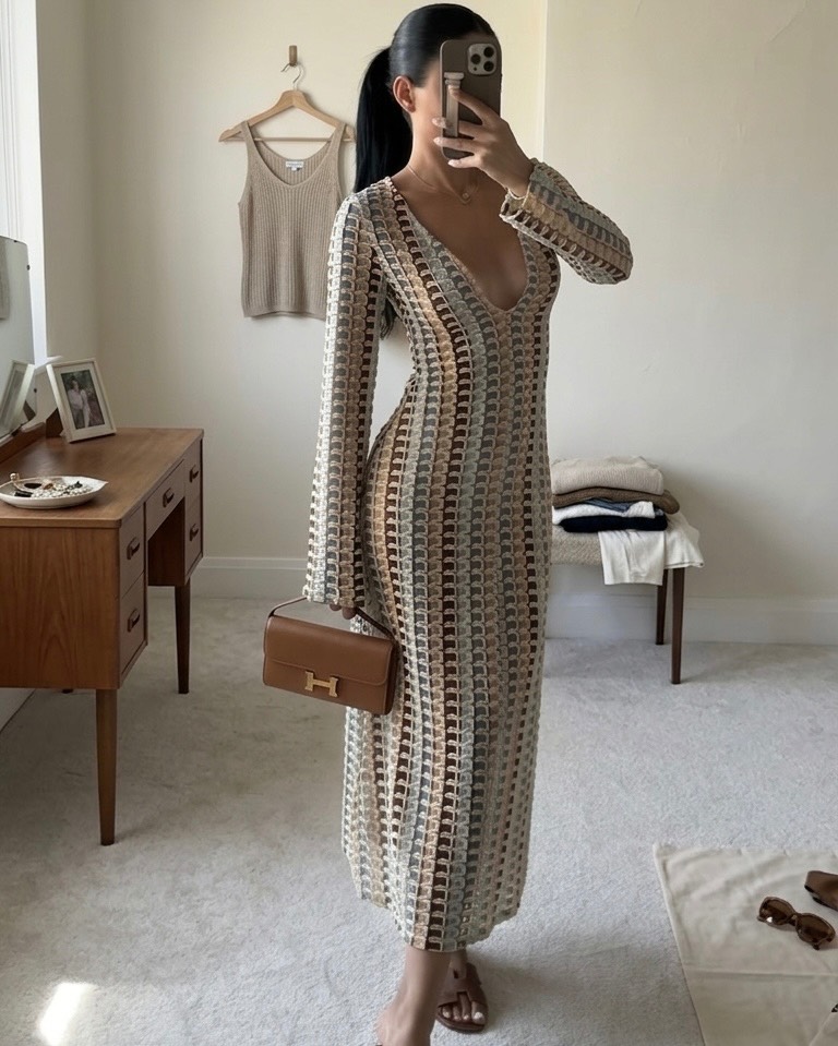 H&M Sold Out Everywhere Crochet-Look Midi Dress | Size XS | Blue/Cream/Brown | BNWT