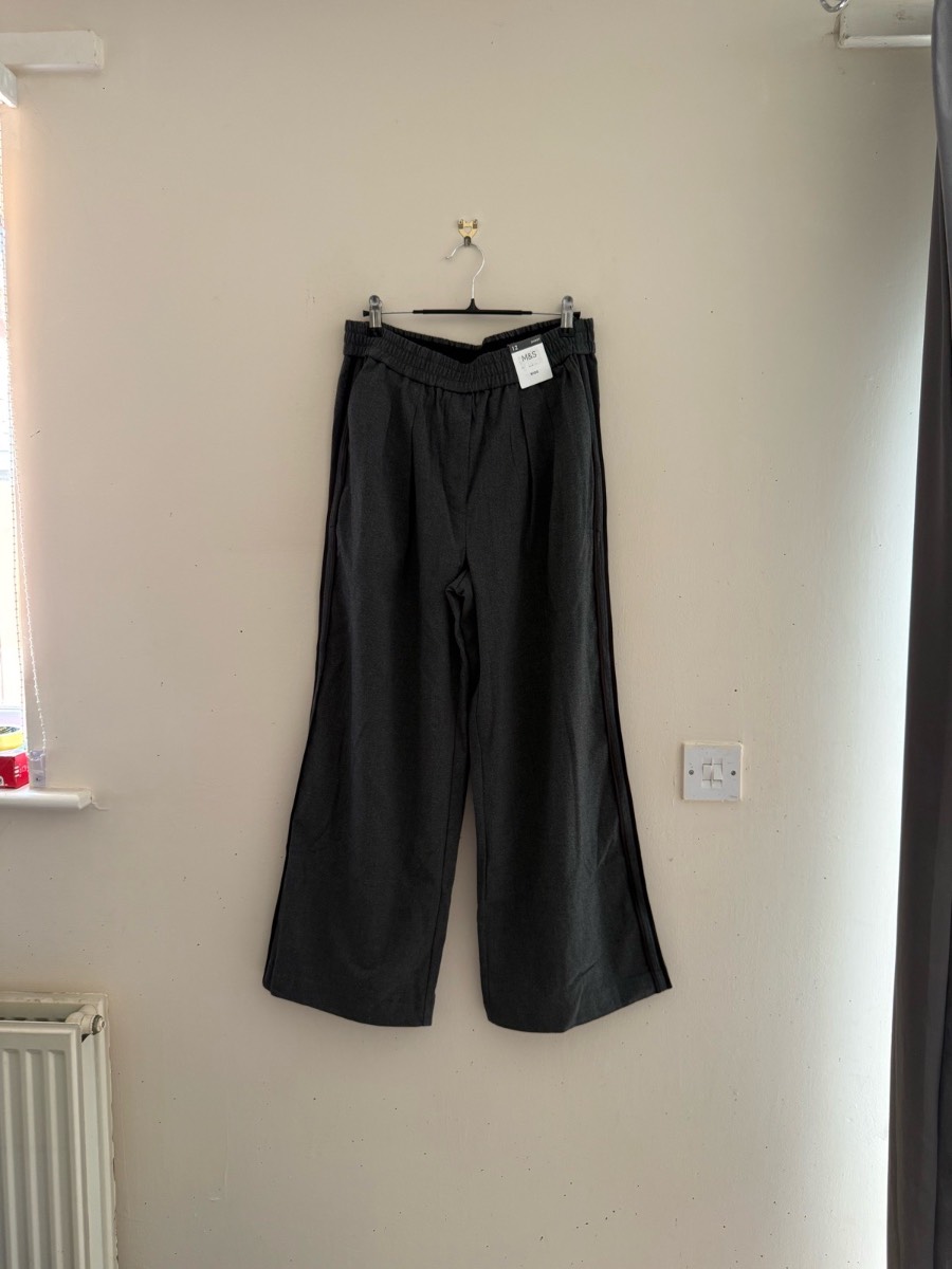 M&S Wide Leg Trousers Charcoal Grey Size 12 Short BNWT