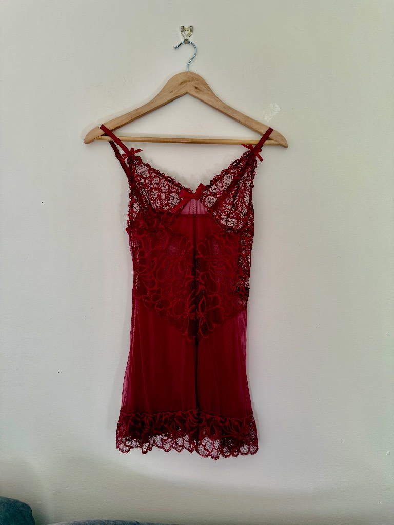 Vintage Frederick's of Hollywood Red Lace Mesh Babydoll Slip Dress Y2K