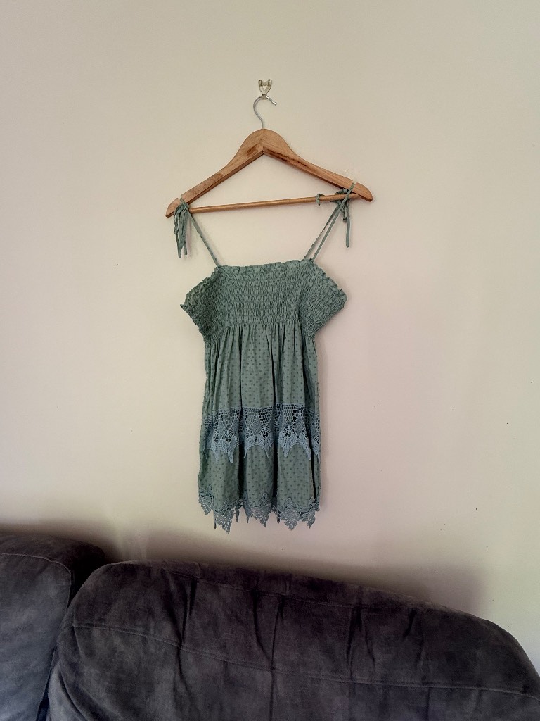 Vintage Morgan De Toi Y2K Cami Top Green Dobby Crochet Lace Fairy Whimsigoth T2