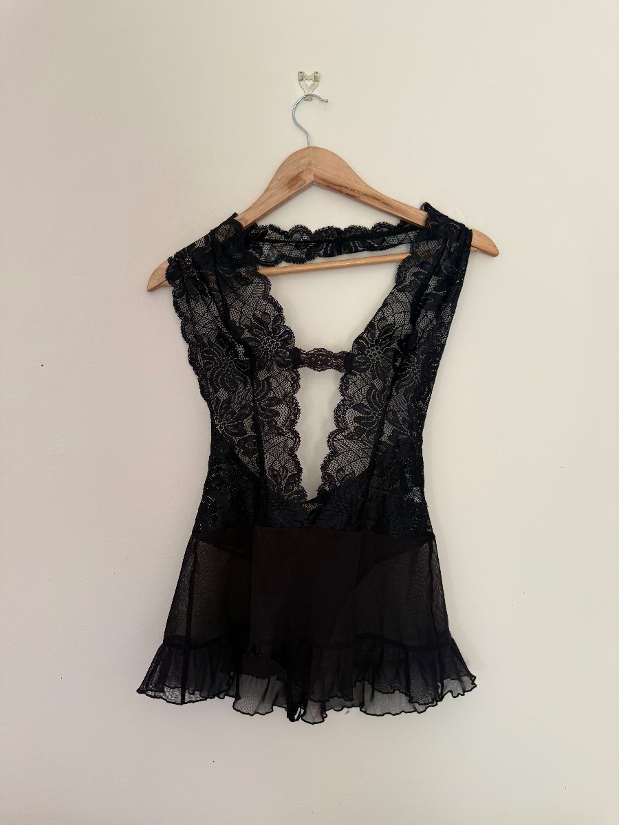 Vintage Frederick's of Hollywood Black Lace & Mesh Teddy Size M