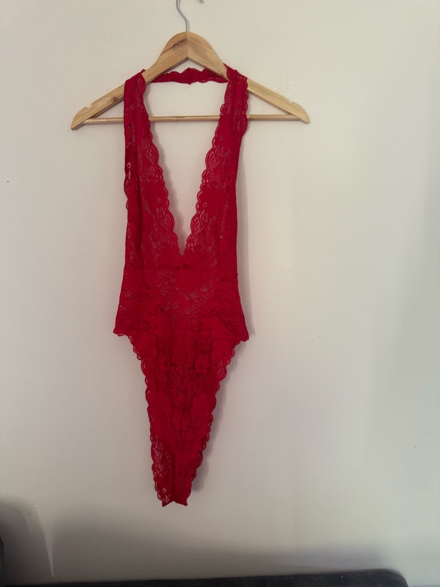 Frederick's of Hollywood Red Lace Plunge Bodysuit 1XL Vintage