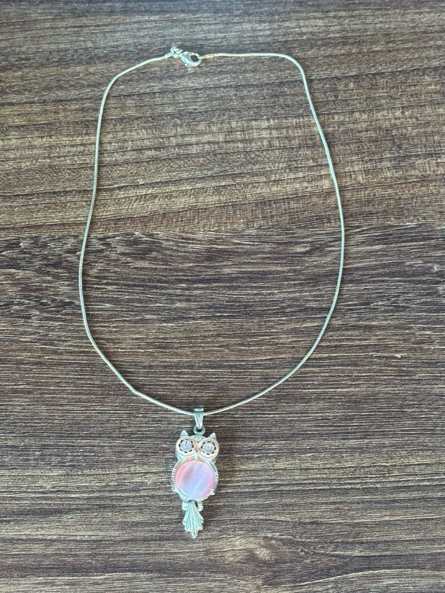 silver and pink owl necklace