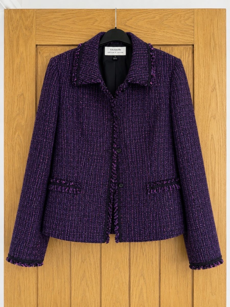 Tahari burgundy tweed jacket with ruffle trim. Size: 6