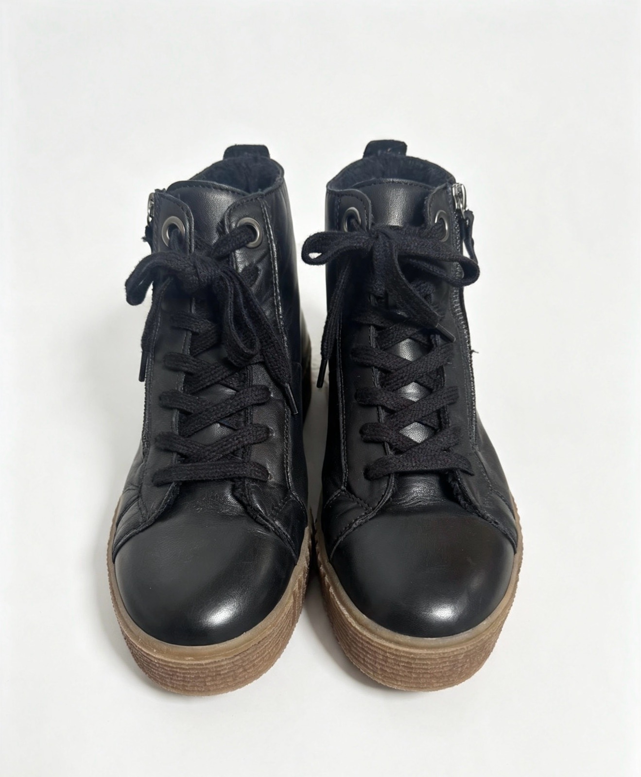 Black leather high top trainers - side zip gum sole warm lined ankle boots