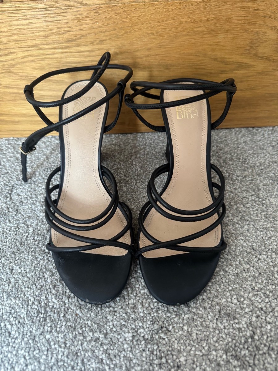 Biba black wrap around stappy heels with gold detailing size 5