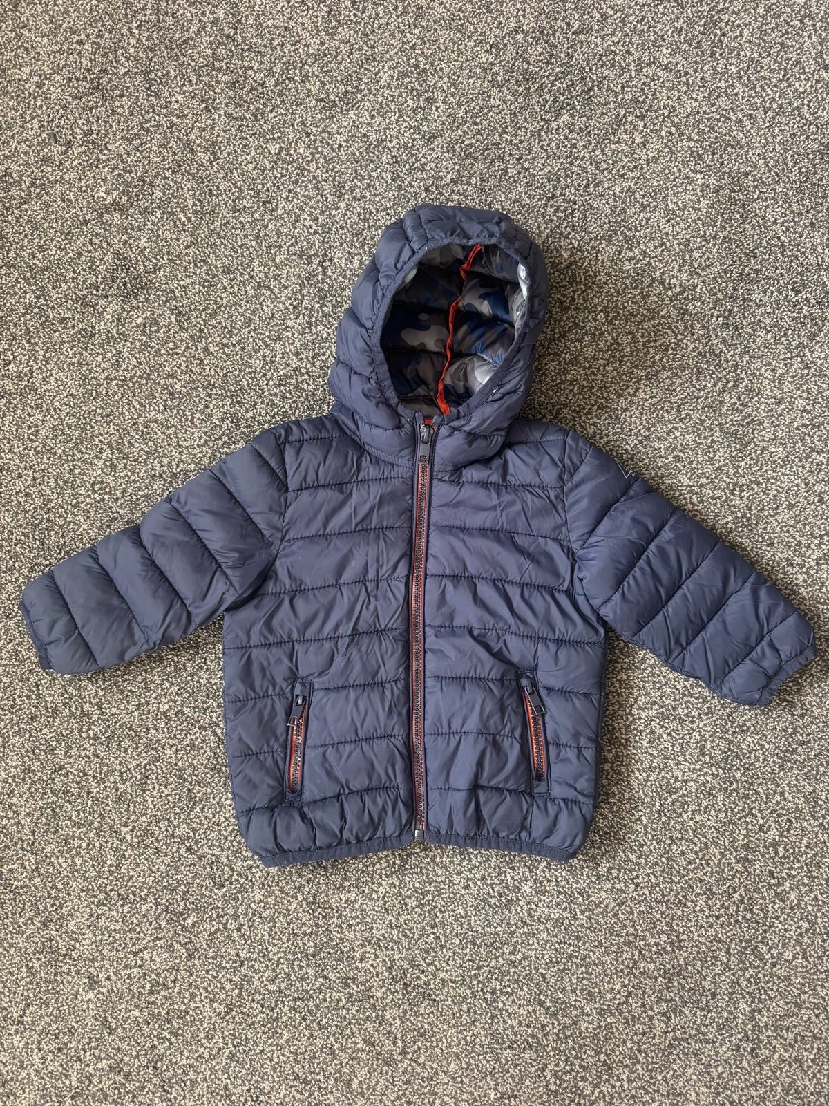 Kids navy puffer jacket - lightweight hooded coat with orange zip detail